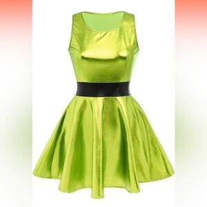 Women Shiny Metallic Dress Sleeveless Skater Mini Dress Holographic Party Rave